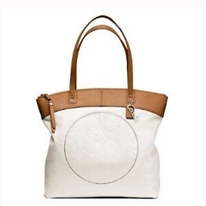 Coach Laura Signature tote in cream and tan, embossed CC signature logo circle